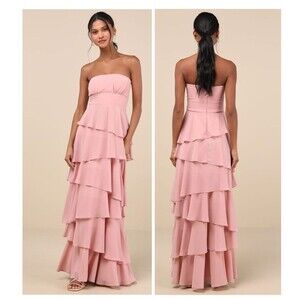 Lulu's Strapless Tiered Maxi Dress in Dusty Pink
